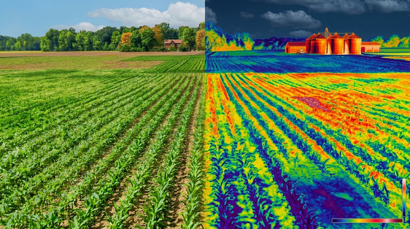 Aerial NDVI heatmap of farm fields
